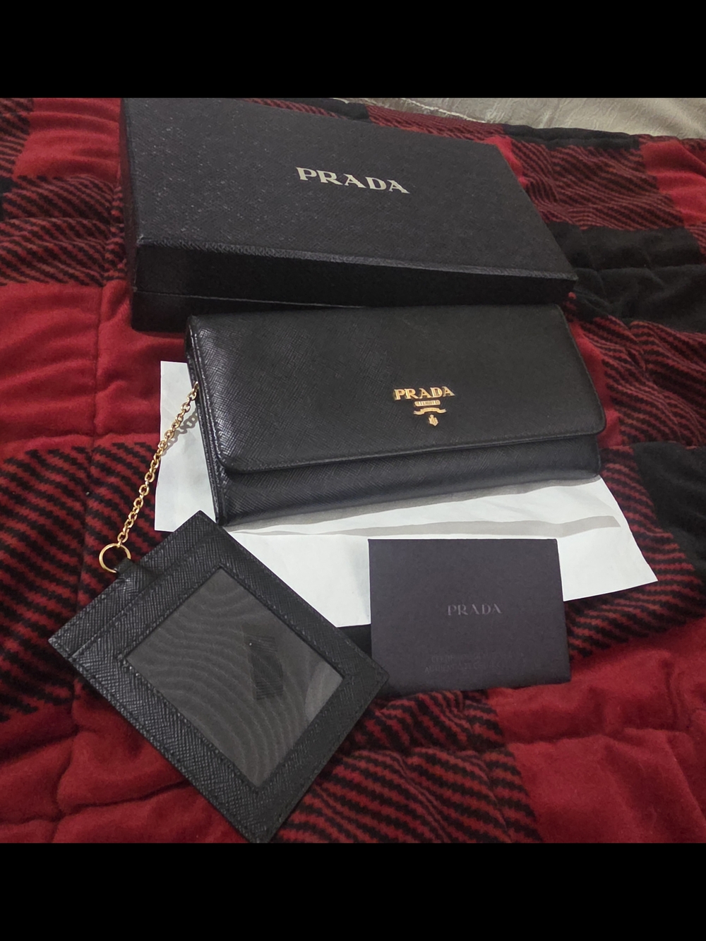 Prada Black Saffiano Leather Wallet with Card Holder and Chain